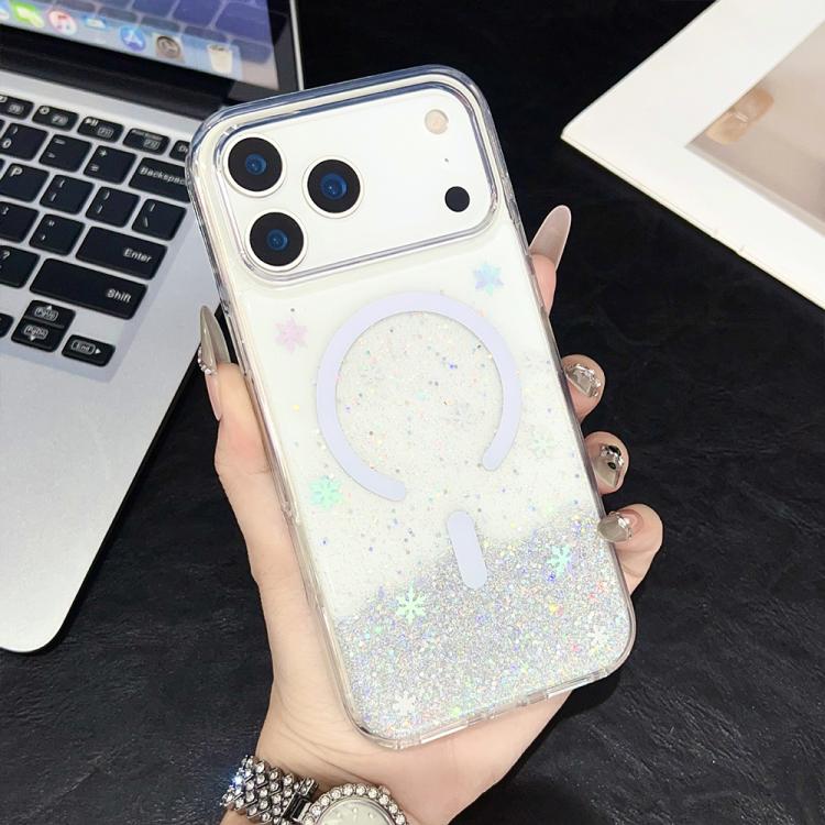 For iPhone 17 Pro Clear Glitter TPU Magnetic Phone Case(Snowflake)