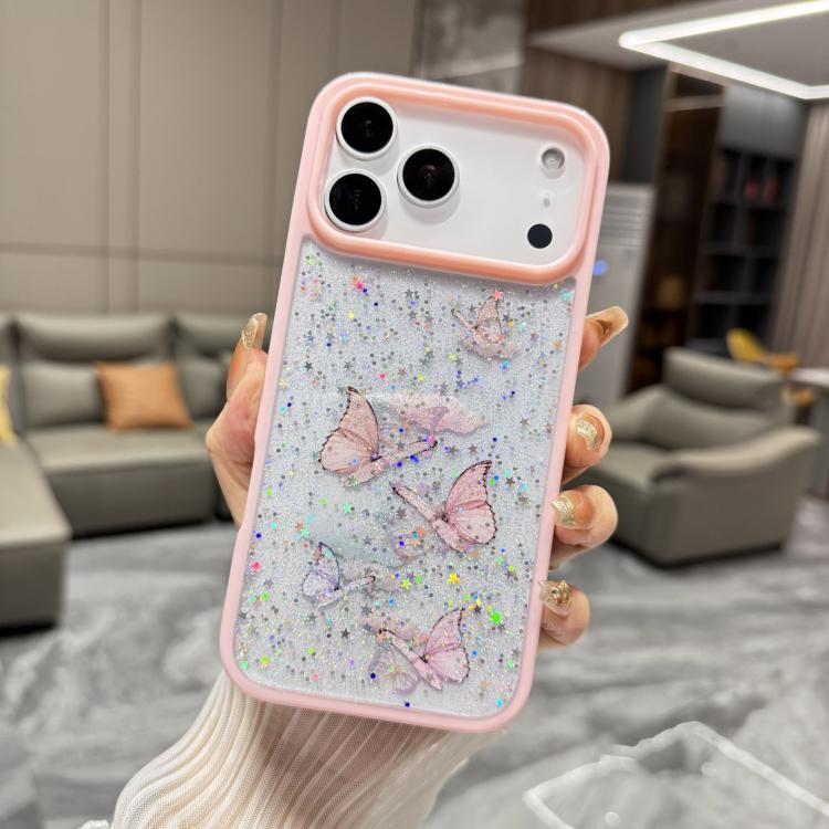 For iPhone 17 Pro Color Butterfly Glitter Epoxy TPU Phone Case(Pink)