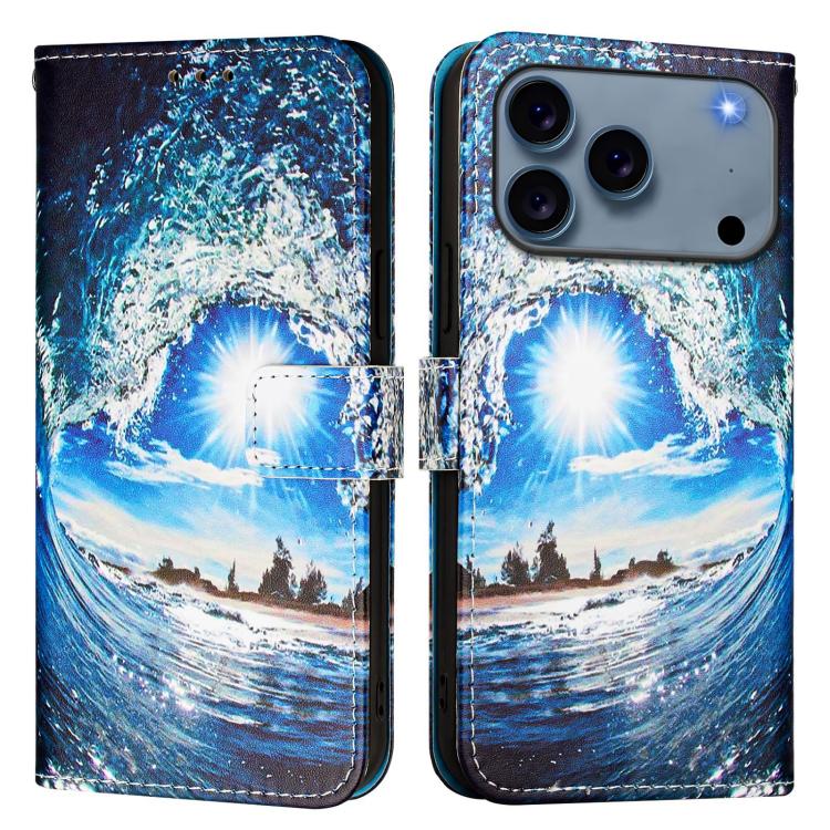 For iPhone 17 Pro Colored Drawing Pattern Plain Weave Leather Phone Case(Waves And Sun)