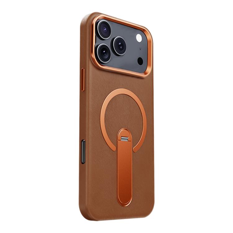 For iPhone 17 Pro Contrast Color 360 Degree Rotation Invisible Holder Fine Circle Magnetic Phone Case(Brown)