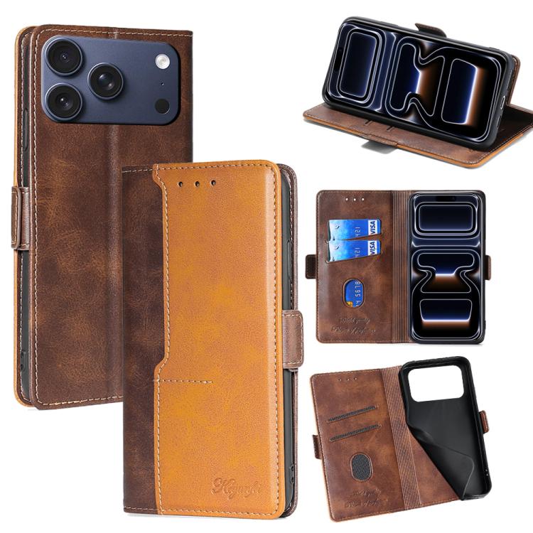 For iPhone 17 Pro Contrast Color Side Buckle Leather Phone Case(Dark Brown + Gold)