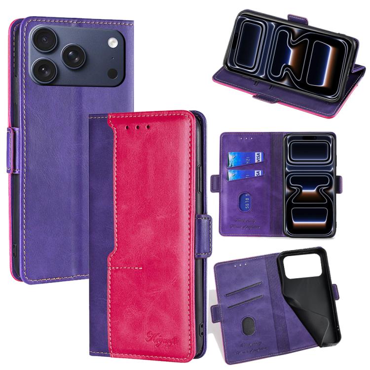 For iPhone 17 Pro Contrast Color Side Buckle Leather Phone Case(Purple + Rose Red)