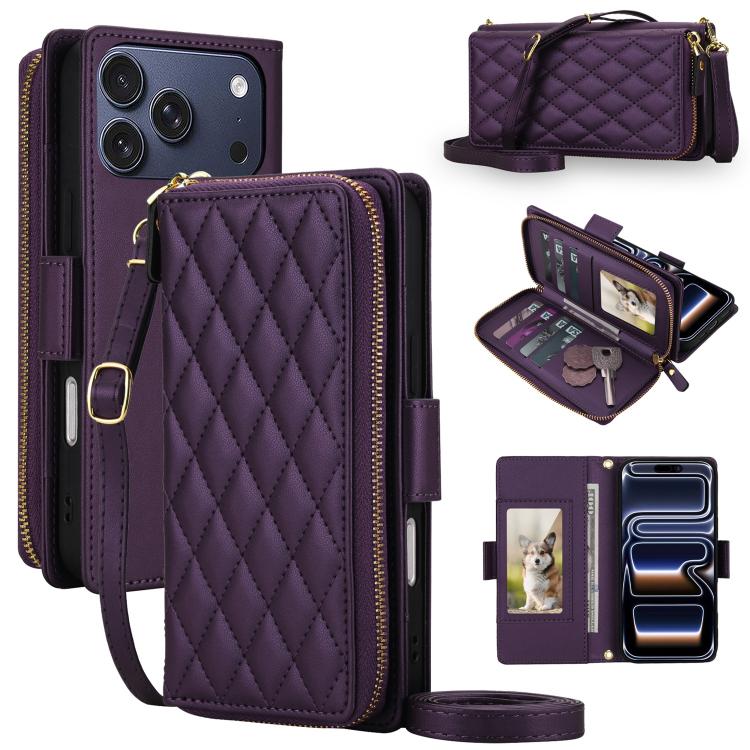 For iPhone 17 Pro Crossbody Diamond Lattice Zipper Wallet RFID Vegan Leather Phone Case(Dark Purple)