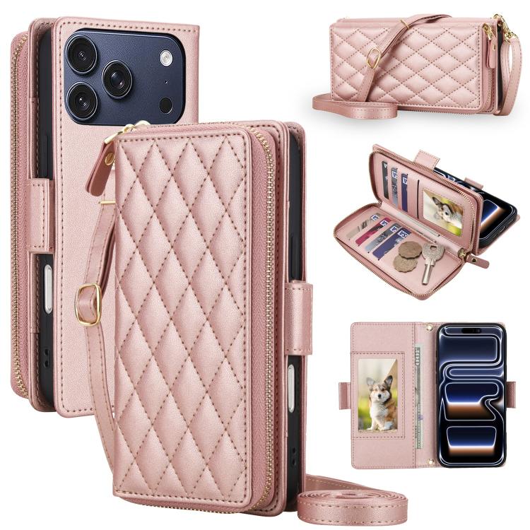 For iPhone 17 Pro Crossbody Diamond Lattice Zipper Wallet RFID Vegan Leather Phone Case(Rose Gold)