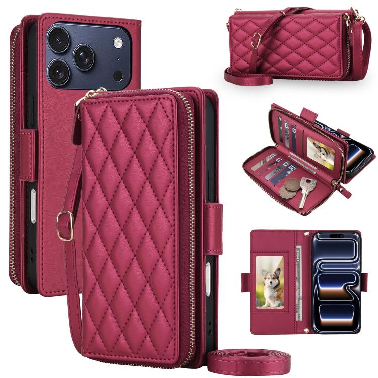 For iPhone 17 Pro Crossbody Diamond Lattice Zipper Wallet RFID Vegan Leather Phone Case(Wine Red)