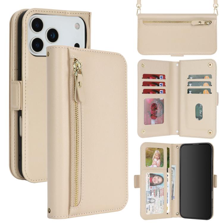 For iPhone 17 Pro Crossbody Front Zipper Multi-Card Wallet Bag Vegan Leather Phone Case(Beige)