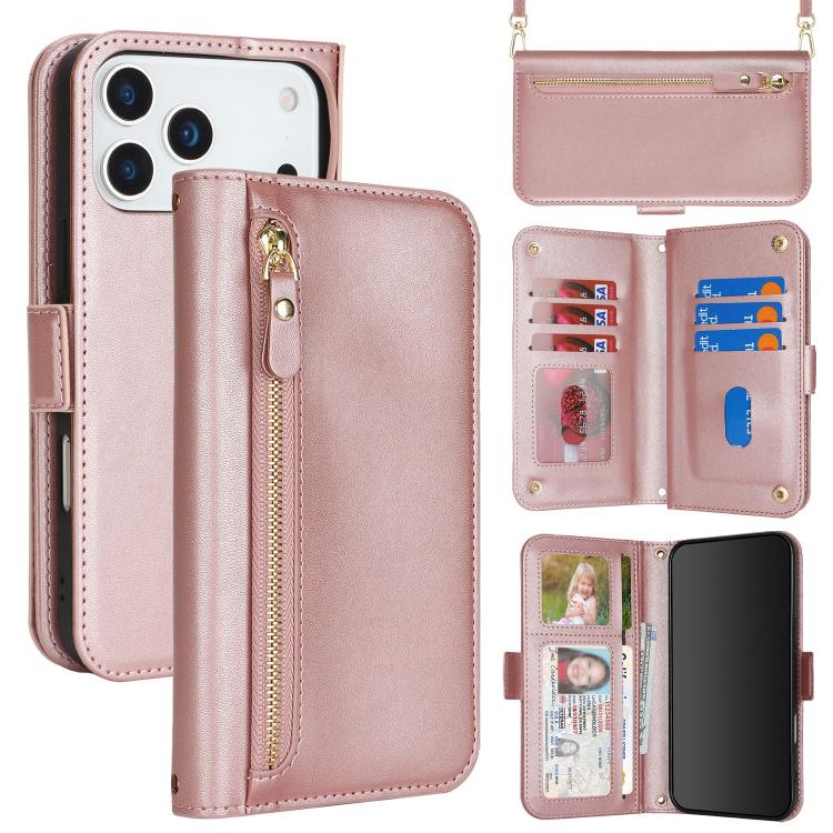 For iPhone 17 Pro Crossbody Front Zipper Multi-Card Wallet Bag Vegan Leather Phone Case(Rose Gold)