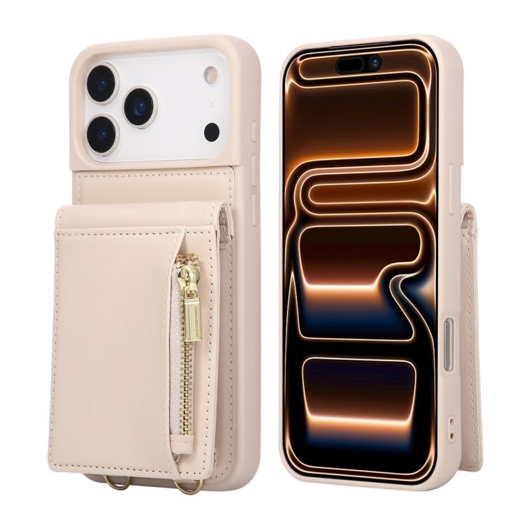 For iPhone 17 Pro Crossbody Lanyard Zipper Wallet Leather Phone Case(Beige)