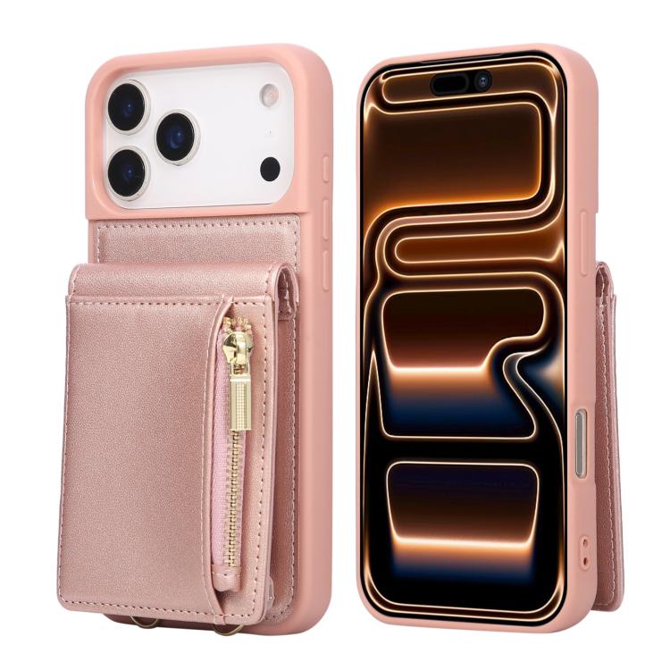 For iPhone 17 Pro Crossbody Lanyard Zipper Wallet Leather Phone Case(Rose Gold)