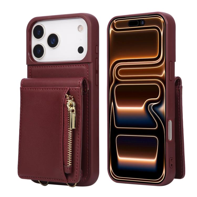 For iPhone 17 Pro Crossbody Lanyard Zipper Wallet Leather Phone Case(Wine Red)