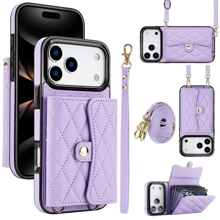 For iPhone 17 Pro Crossbody Rhombic Horizontal Wallet Leather Phone Case(Purple)