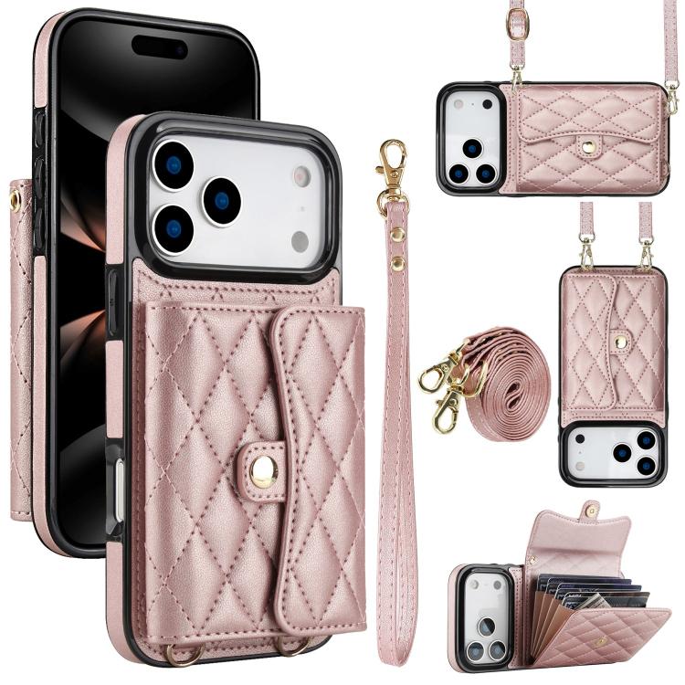 For iPhone 17 Pro Crossbody Rhombic Horizontal Wallet Leather Phone Case(Rose Gold)