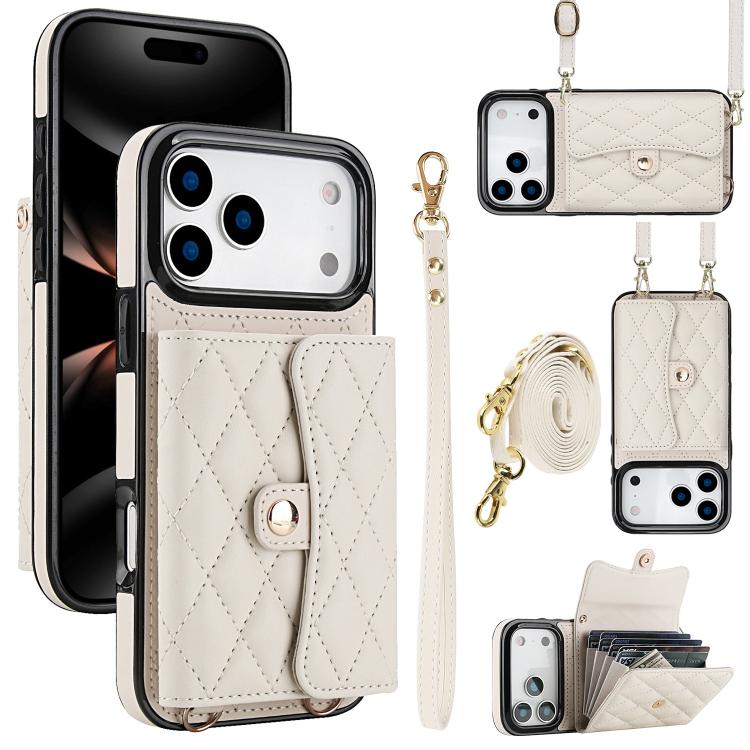 For iPhone 17 Pro Crossbody Rhombic Horizontal Wallet Leather Phone Case(White)