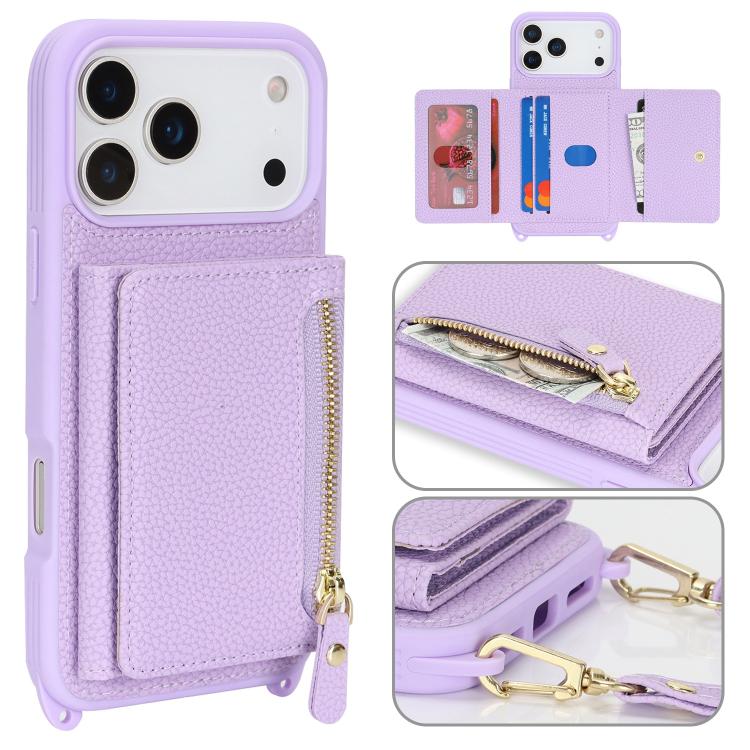 For iPhone 17 Pro Crossbody Zipper Wallet Ring Holder Litchi Leather Phone Case(Purple)