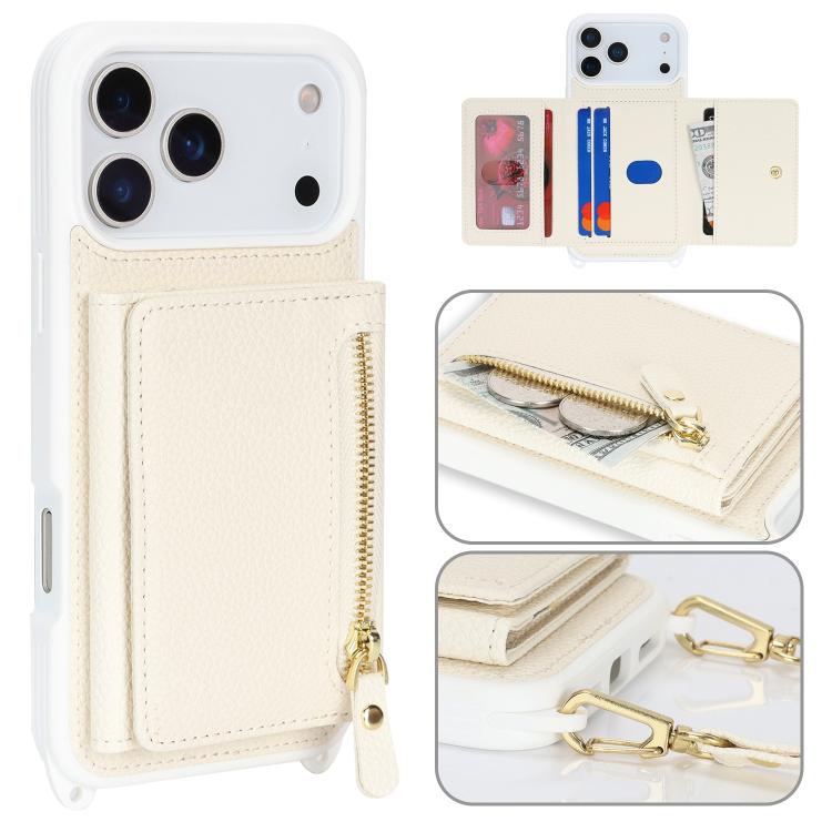 For iPhone 17 Pro Crossbody Zipper Wallet Ring Holder Litchi Leather Phone Case(White)