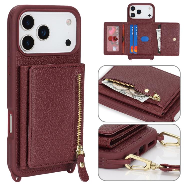For iPhone 17 Pro Crossbody Zipper Wallet Ring Holder Litchi Leather Phone Case(Wine Red)
