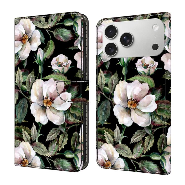 For iPhone 17 Pro Crystal-Like Painted Vegan Leather Phone Case(Big Flower)