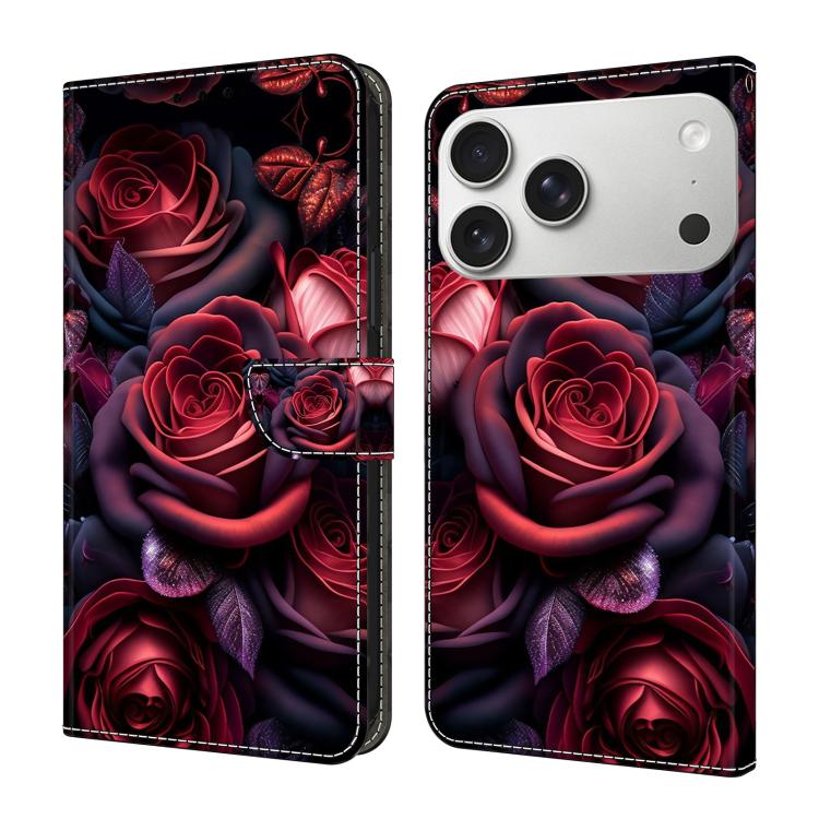 For iPhone 17 Pro Crystal-Like Painted Vegan Leather Phone Case(Black Rose)