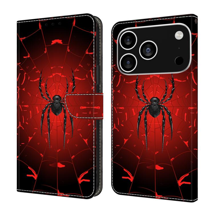 For iPhone 17 Pro Crystal-Like Painted Vegan Leather Phone Case(Black Spider)