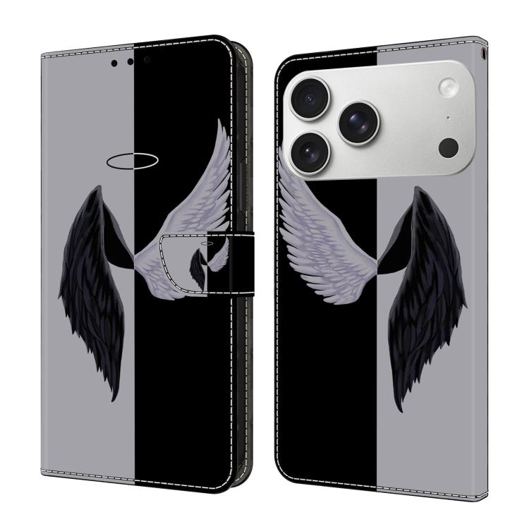 For iPhone 17 Pro Crystal-Like Painted Vegan Leather Phone Case(Black White Wings)