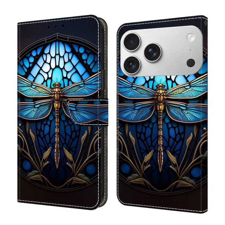 For iPhone 17 Pro Crystal-Like Painted Vegan Leather Phone Case(Blue Dragonfly)