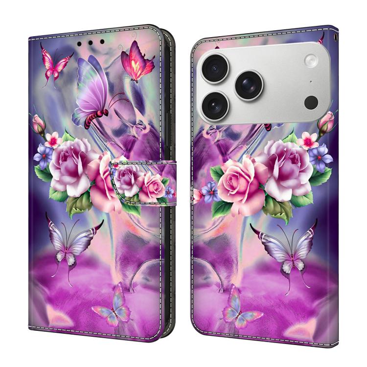 For iPhone 17 Pro Crystal-Like Painted Vegan Leather Phone Case(Butterfly Flower)