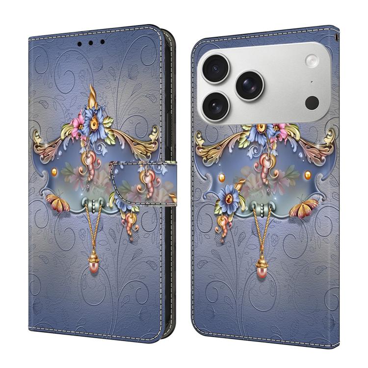 For iPhone 17 Pro Crystal-Like Painted Vegan Leather Phone Case(Carved Flowers)