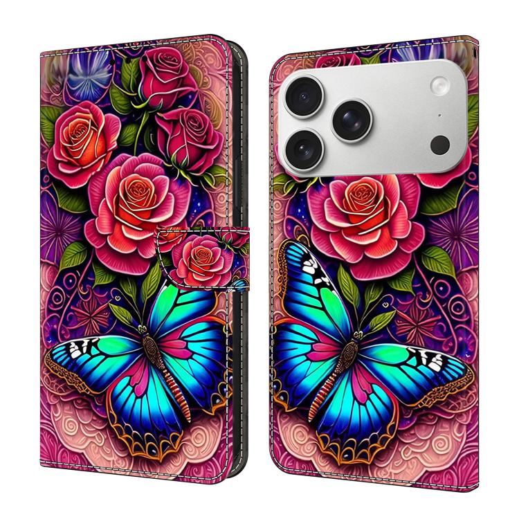 For iPhone 17 Pro Crystal-Like Painted Vegan Leather Phone Case(Colorful Butterfly)