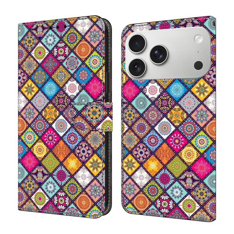 For iPhone 17 Pro Crystal-Like Painted Vegan Leather Phone Case(Colorful Ethnic)