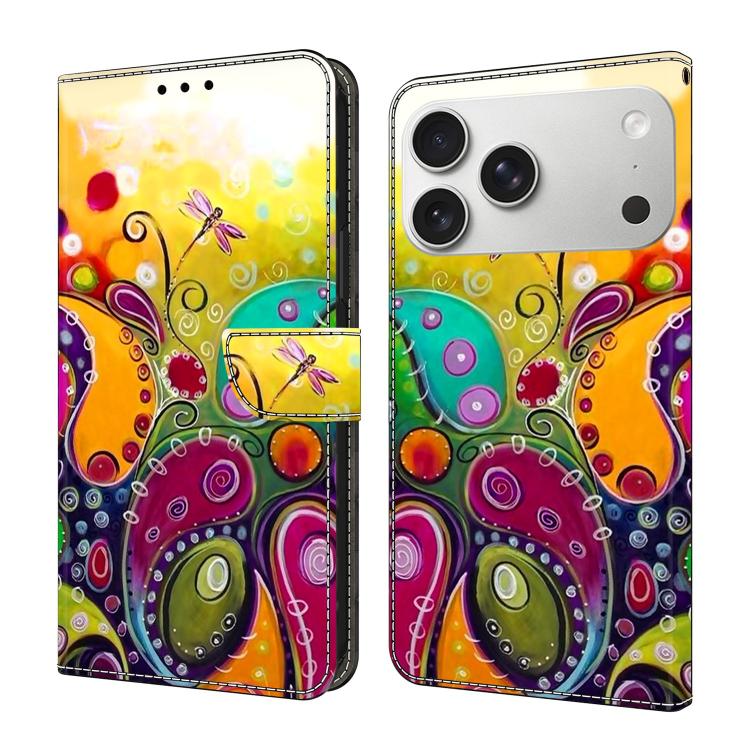 For iPhone 17 Pro Crystal-Like Painted Vegan Leather Phone Case(Colorful Floral Vine)