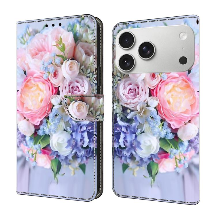 For iPhone 17 Pro Crystal-Like Painted Vegan Leather Phone Case(Colorful Flowers)