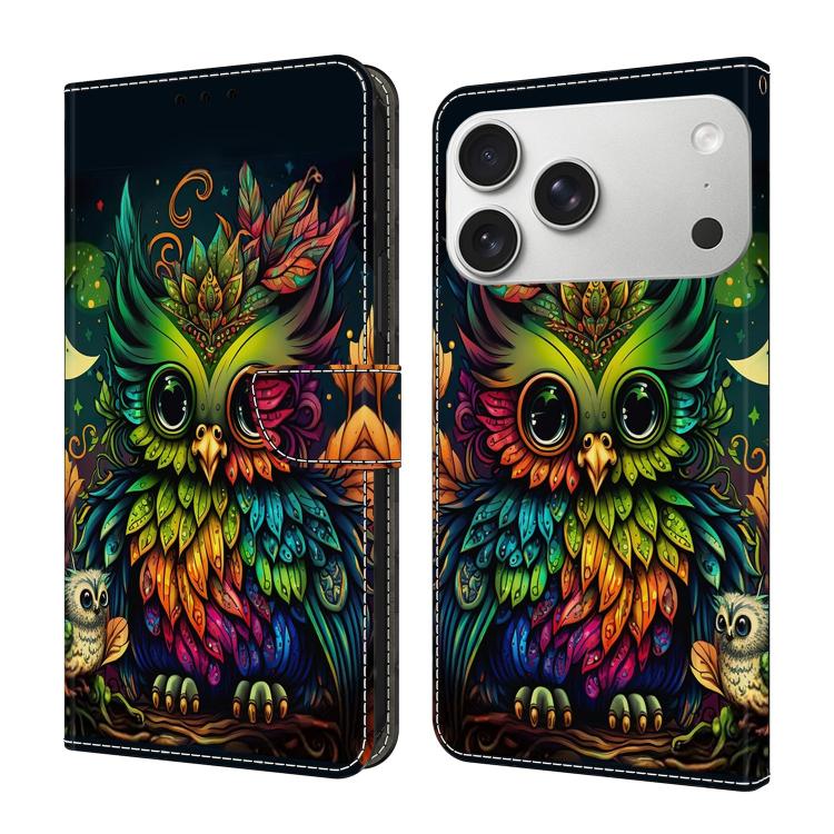 For iPhone 17 Pro Crystal-Like Painted Vegan Leather Phone Case(Colorful Owl)