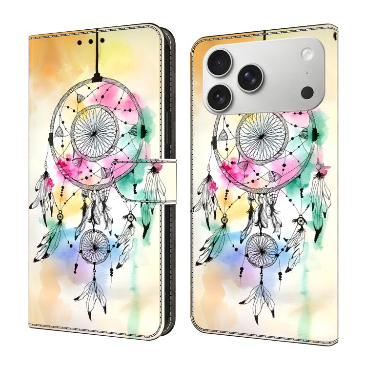 For iPhone 17 Pro Crystal-Like Painted Vegan Leather Phone Case(Feather Dreamcatcher)