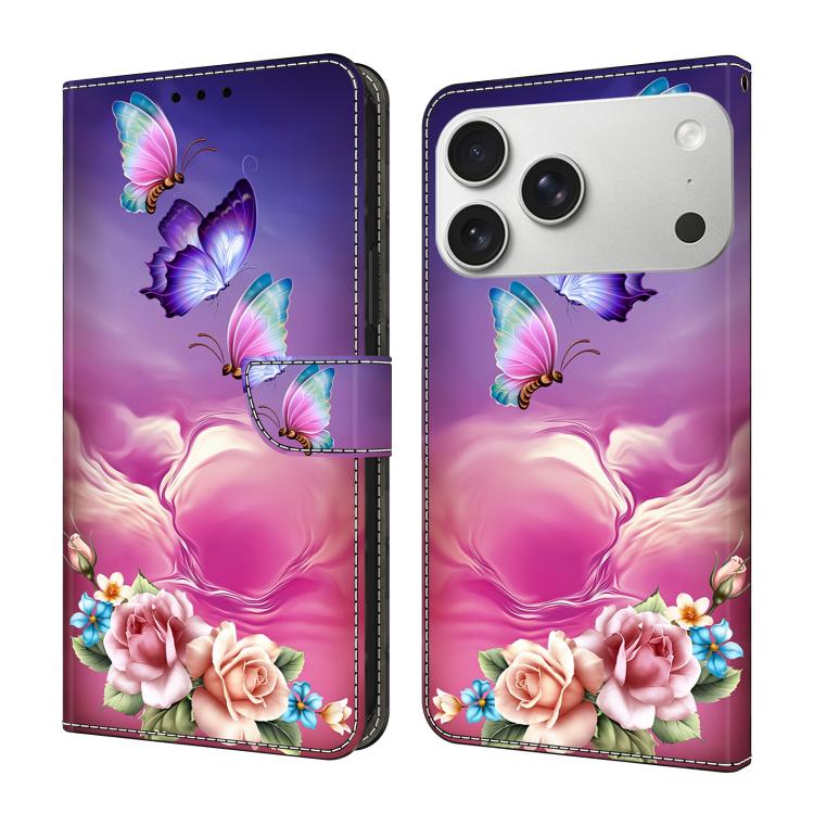 For iPhone 17 Pro Crystal-Like Painted Vegan Leather Phone Case(Flower Butterfly)
