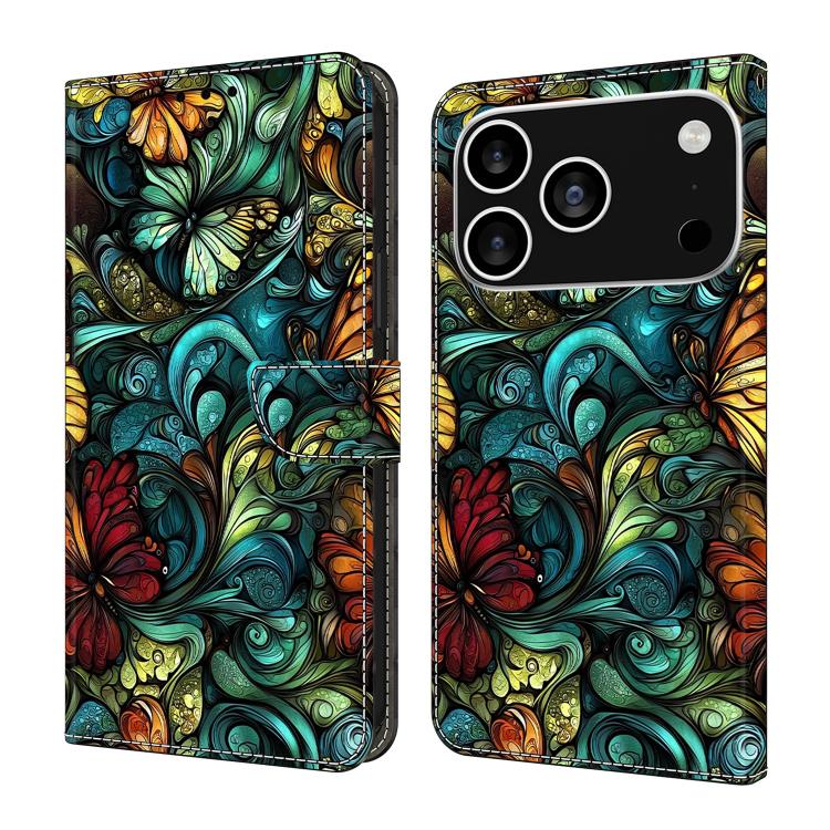 For iPhone 17 Pro Crystal-Like Painted Vegan Leather Phone Case(Flowers)