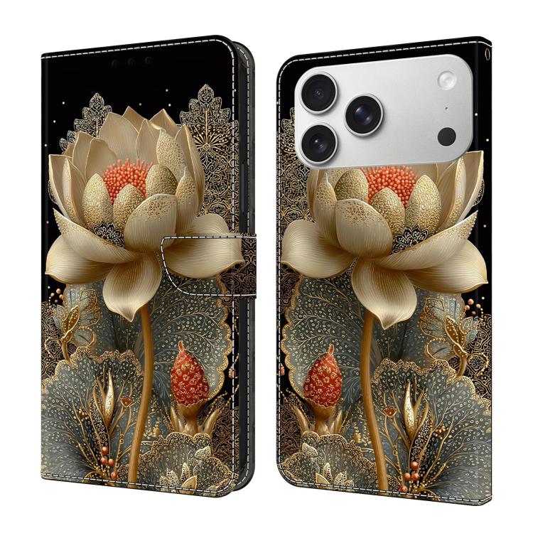 For iPhone 17 Pro Crystal-Like Painted Vegan Leather Phone Case(Golden Lotus)