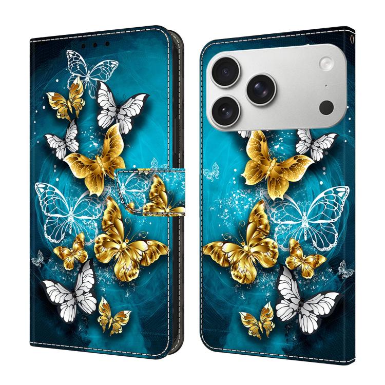 For iPhone 17 Pro Crystal-Like Painted Vegan Leather Phone Case(Green Butterfly)