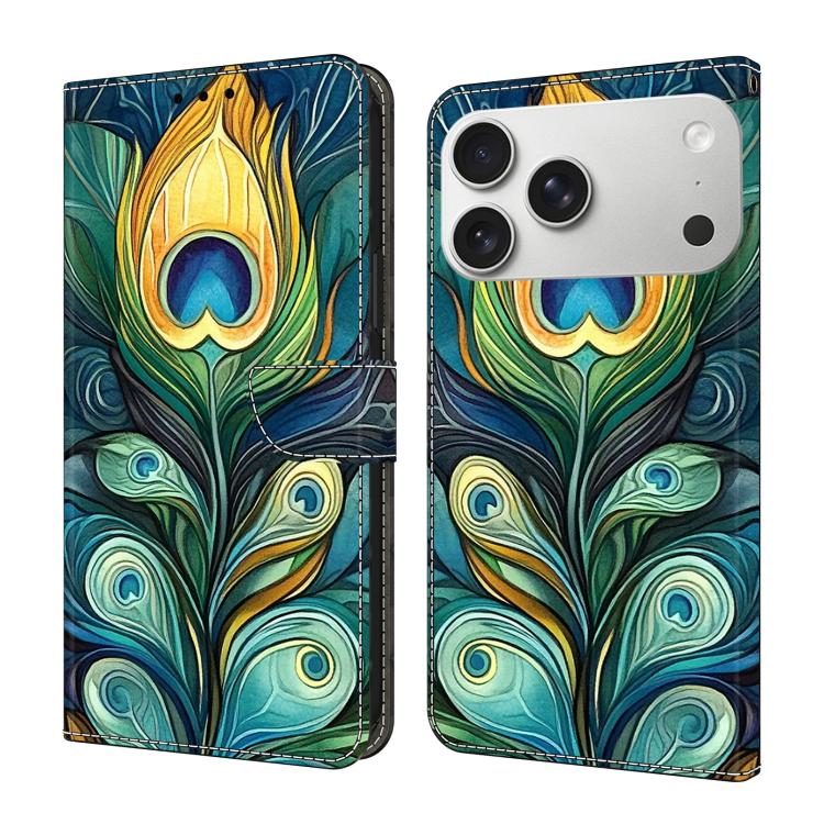 For iPhone 17 Pro Crystal-Like Painted Vegan Leather Phone Case(Kingfisher Feathers)