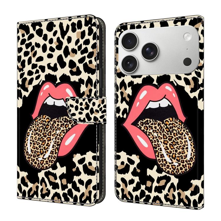 For iPhone 17 Pro Crystal-Like Painted Vegan Leather Phone Case(Leopard-print Tongue)