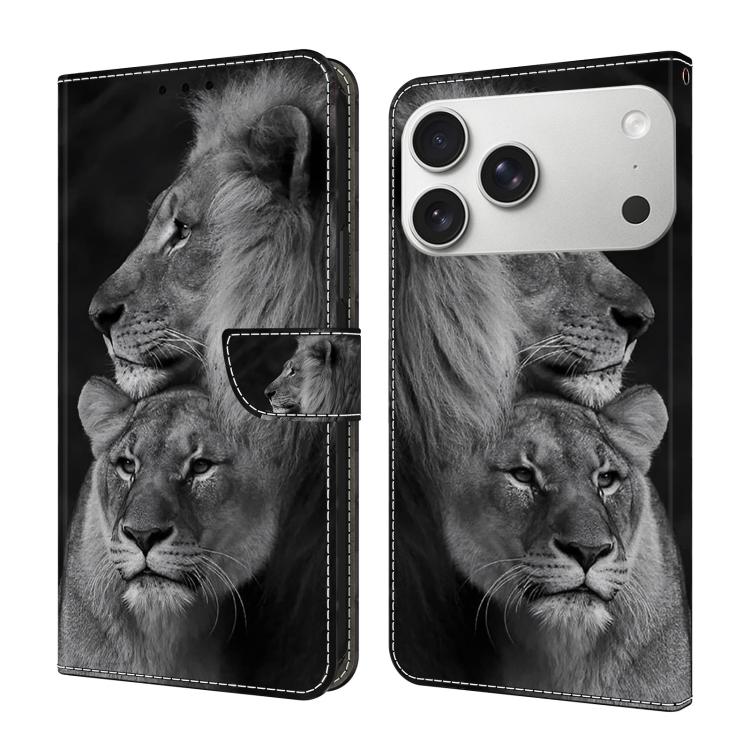 For iPhone 17 Pro Crystal-Like Painted Vegan Leather Phone Case(Lions)