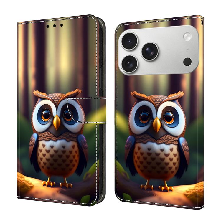 For iPhone 17 Pro Crystal-Like Painted Vegan Leather Phone Case(Little Brown Owl)