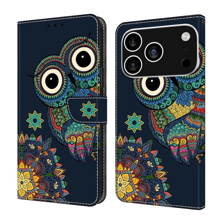 For iPhone 17 Pro Crystal-Like Painted Vegan Leather Phone Case(Mandala Owl)