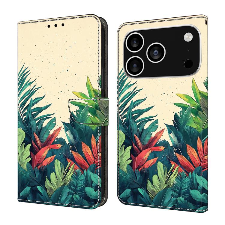 For iPhone 17 Pro Crystal-Like Painted Vegan Leather Phone Case(Many Leaves)