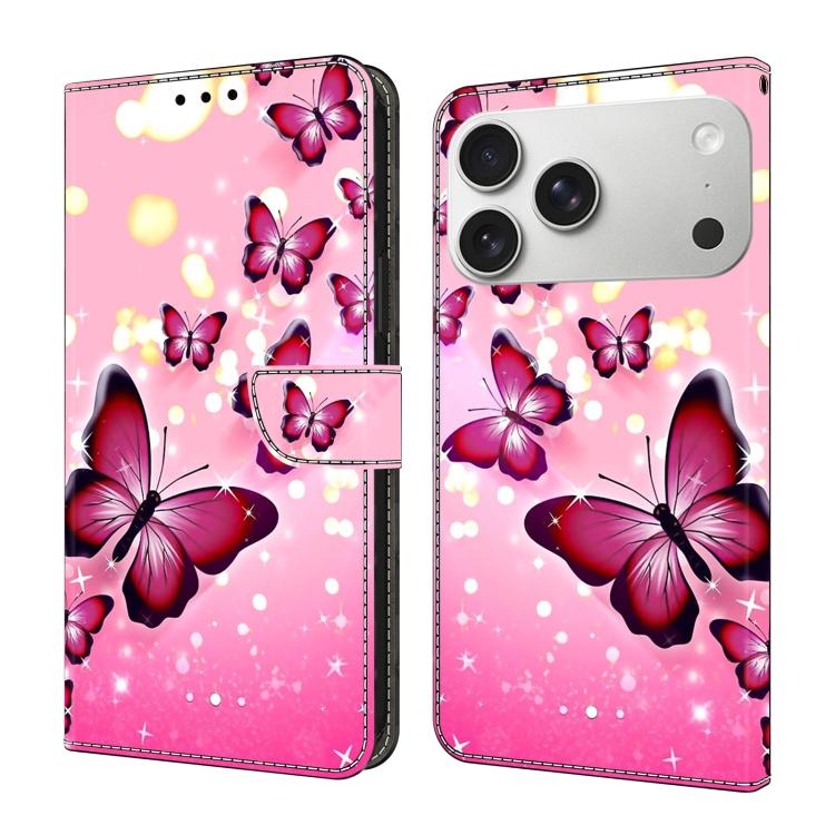 For iPhone 17 Pro Crystal-Like Painted Vegan Leather Phone Case(Pink Butterfly)