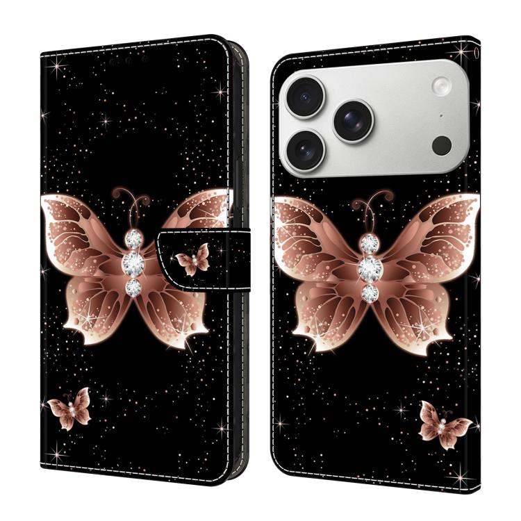 For iPhone 17 Pro Crystal-Like Painted Vegan Leather Phone Case(Pink Diamond Butterfly)