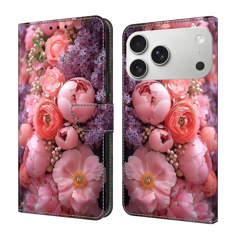 For iPhone 17 Pro Crystal-Like Painted Vegan Leather Phone Case(Ranunculus)