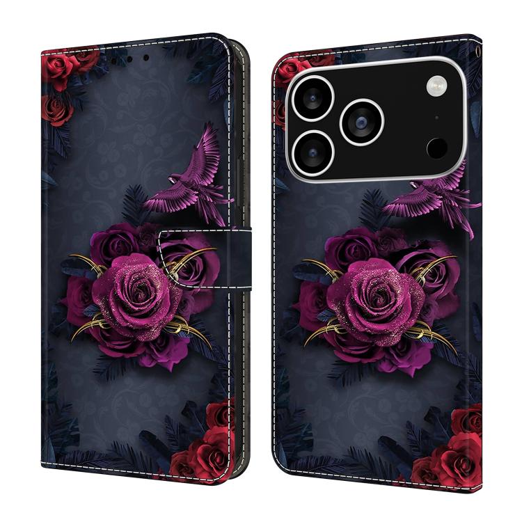 For iPhone 17 Pro Crystal-Like Painted Vegan Leather Phone Case(Red Purple Flowers)