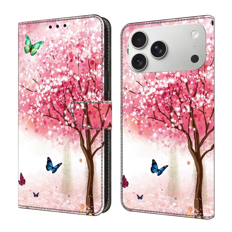 For iPhone 17 Pro Crystal-Like Painted Vegan Leather Phone Case(Sakura Butterfly)