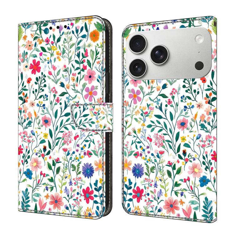 For iPhone 17 Pro Crystal-Like Painted Vegan Leather Phone Case(Small Flowerbed)