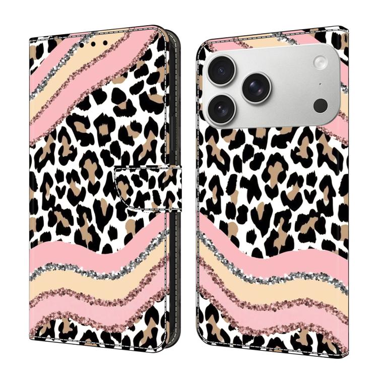 For iPhone 17 Pro Crystal-Like Painted Vegan Leather Phone Case(Stripes and Leopard)